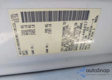 2016 Nissan Maxima 3.5 Sl z USA, uszkodzony, nr VIN 1N4AA6AP6GC446457